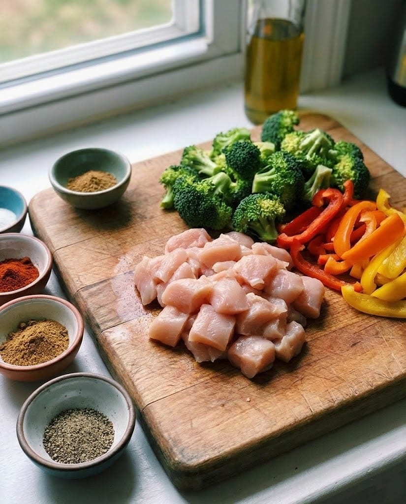 High Protein Meal Prep for Weight Loss: Easy 30-Min Plan 6 Raw ingredients for high protein chicken meal prep.