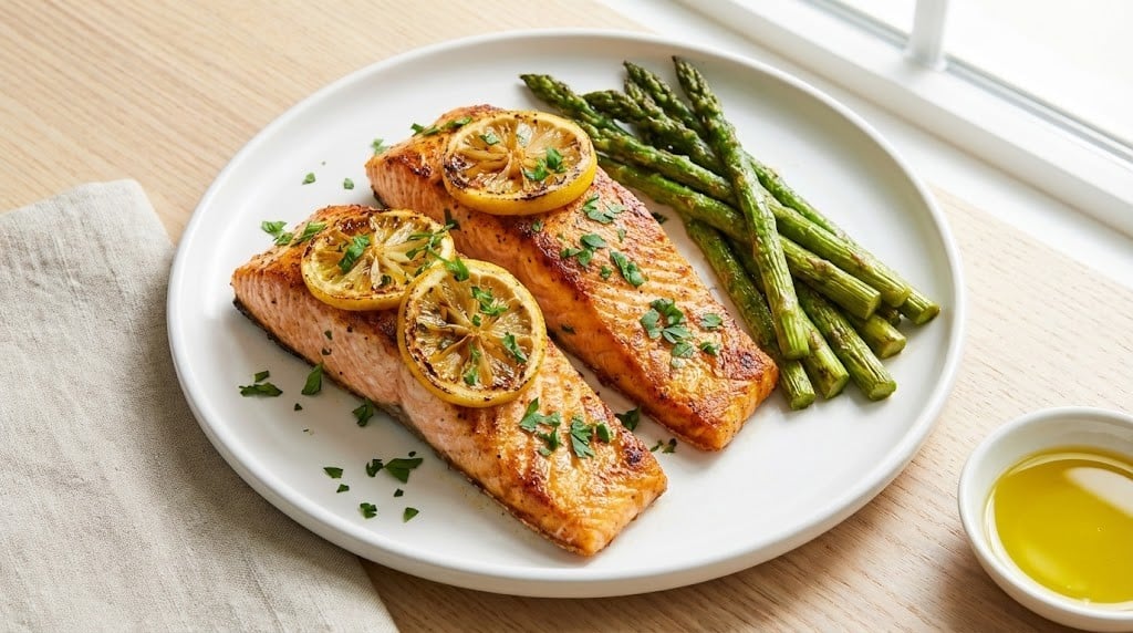 Perfect Air Fryer Salmon for Weight Loss: Easy 10-Minute Recipe 5 Perfect air fryer salmon fillets with lemon slices and roasted asparagus on a white plate.