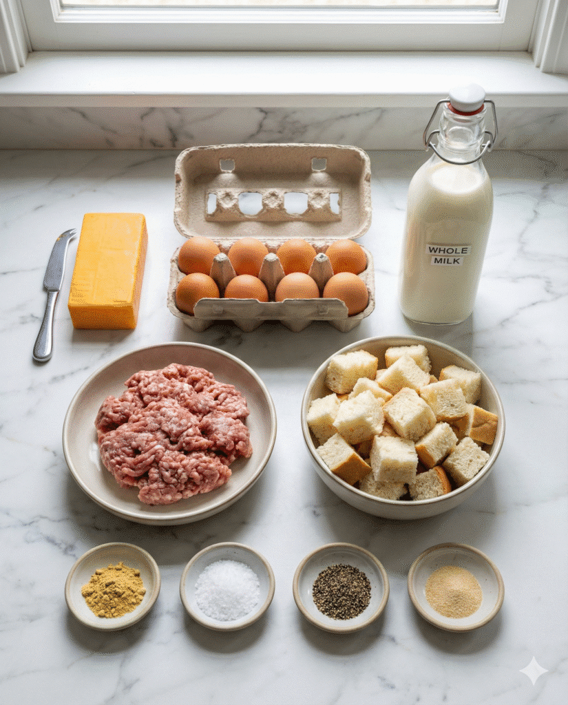 Easy Sausage and Egg Casserole: The Ultimate Savory Breakfast 6 Ingredients for breakfast casserole including sausage, eggs, and cheese