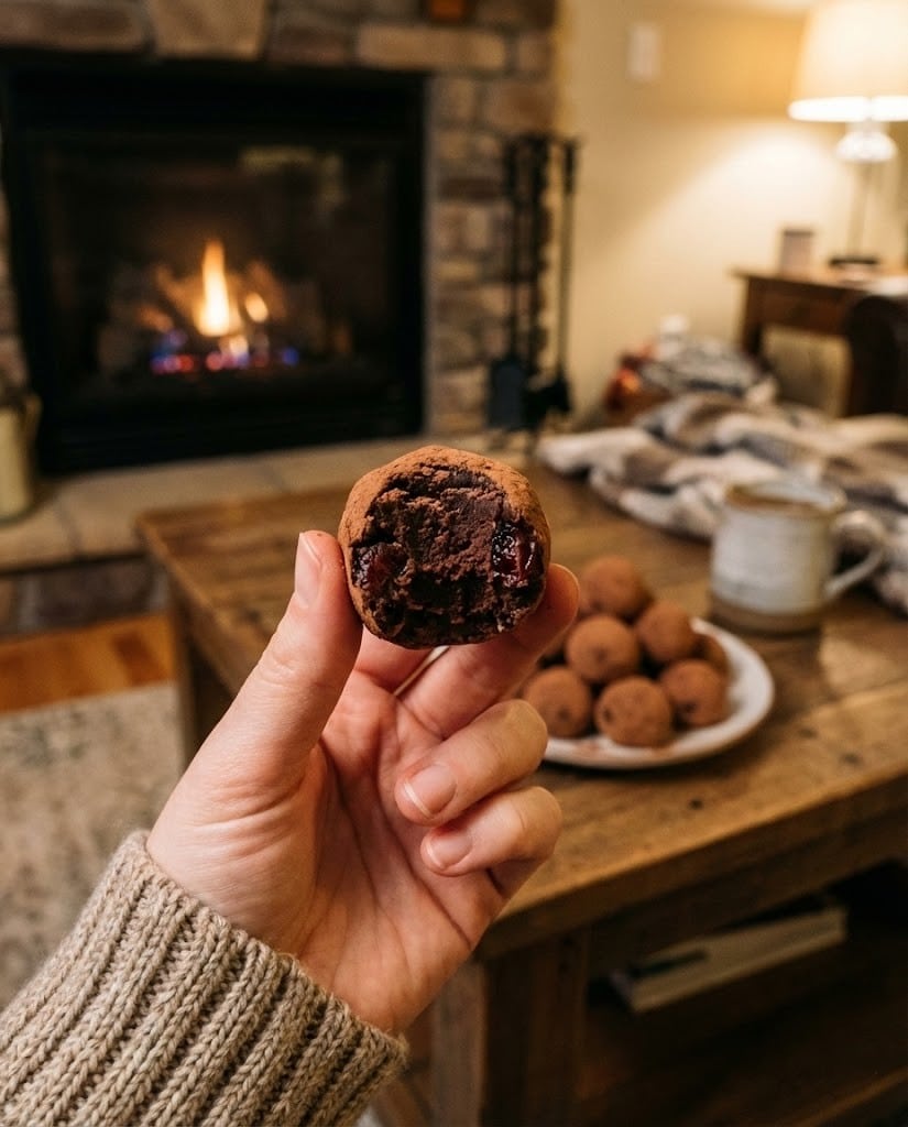 Easy No-Bake Cherry Bourbon Balls Recipe for Holiday Parties 7 Close up of a bitten cherry bourbon ball showing the texture inside.