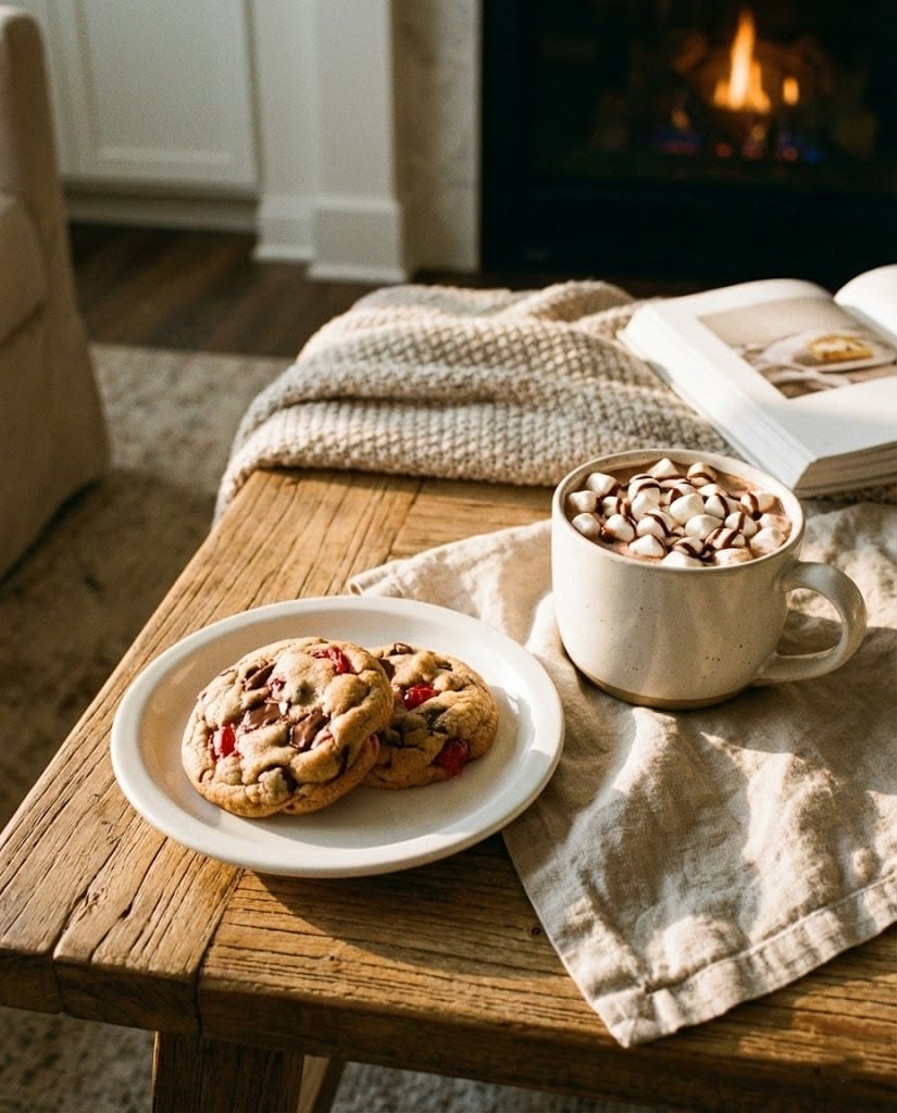 Maraschino Cherry Chocolate Chip Cookies: Easy, Chewy & Irresistible 7 Maraschino Cherry Chocolate Chip Cookies served on a plate with hot cocoa.