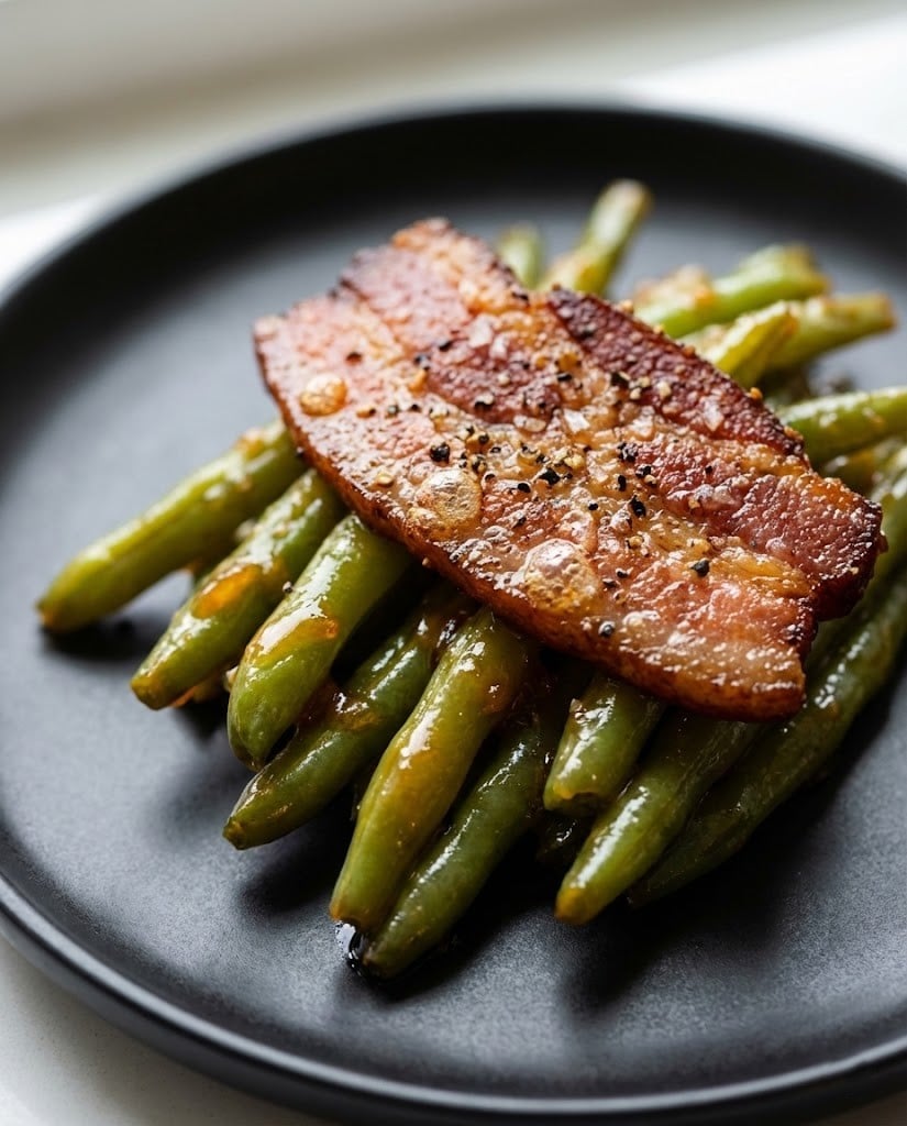 Crack Green Beans with Bacon: Easy Best Addictive Southern Side 7 Close-up serving of smoky-sweet glazed green beans with bacon