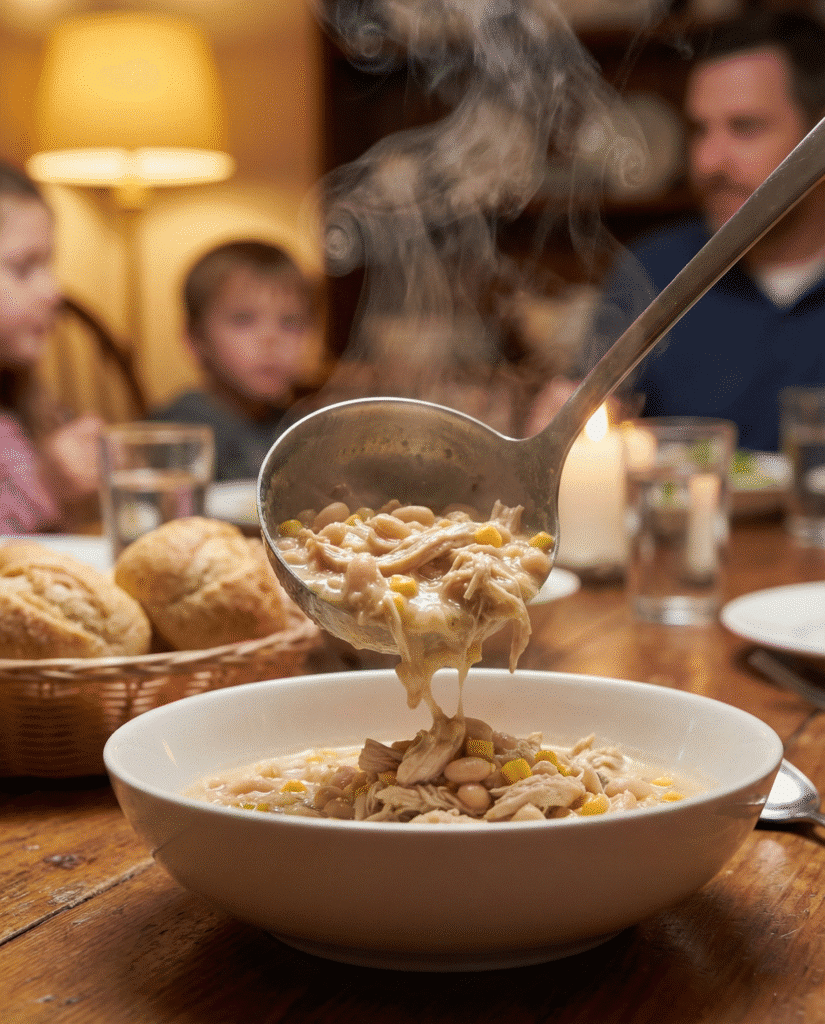 Cajun White Chicken Chili: Easy, Creamy & Spicy One-Pot Dinner 7 Ladling hot creamy white chicken chili into a serving bowl.