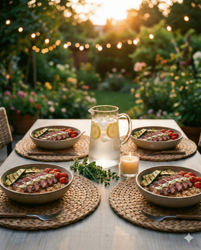 Grilled Steak Bowl with Creamy Sauce: Easy High-Protein Dinner 7 Meal-prep friendly steak bowls served on an outdoor patio table.