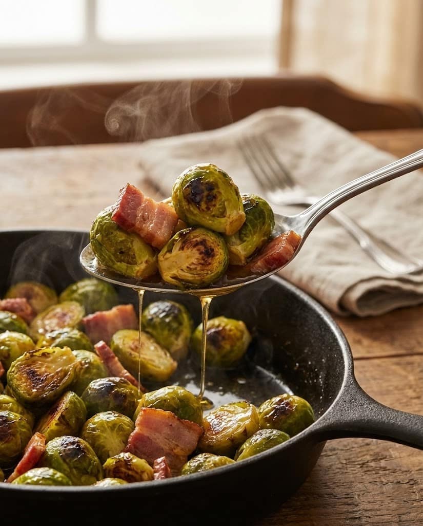 Honey-Glazed Roasted Brussels Sprouts with Bacon: The Best Crispy Side Dish 7 A serving spoon lifting crispy Honey-Glazed Roasted Brussels Sprouts with Bacon.