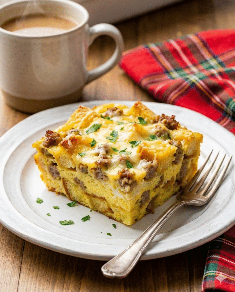 Easy Sausage and Egg Casserole: The Ultimate Savory Breakfast 7 A slice of Southern-style savory breakfast bake served with coffee