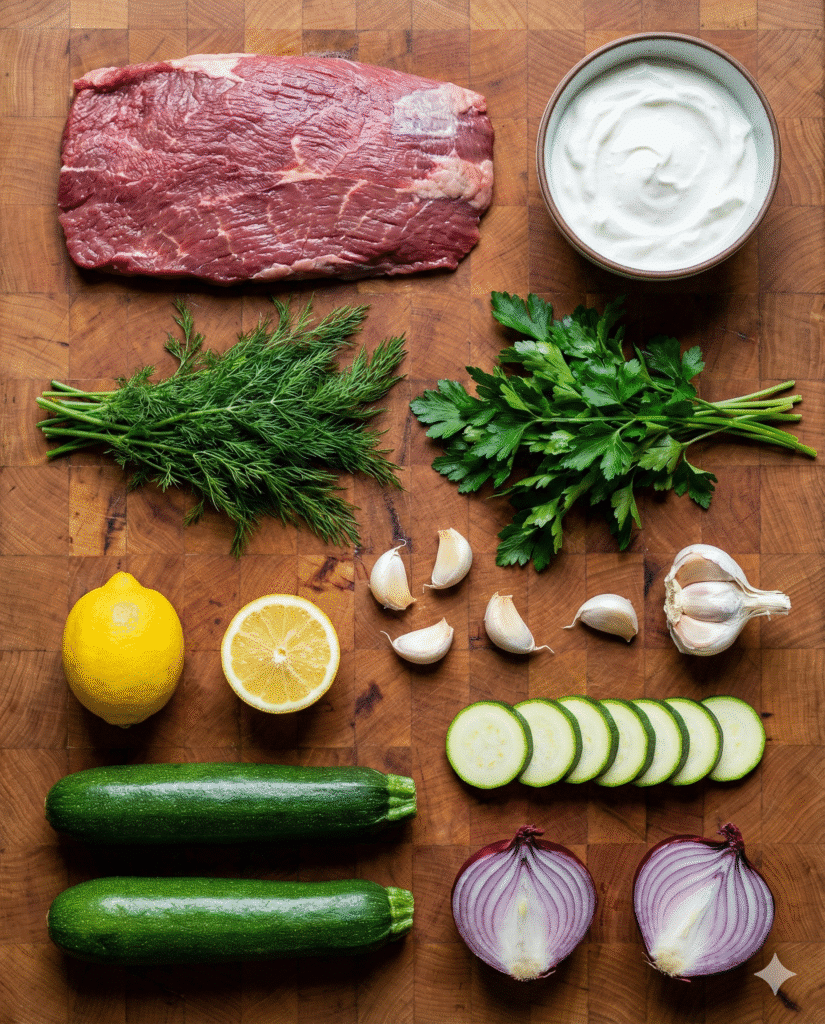 Grilled Steak Bowl with Creamy Sauce: Easy High-Protein Dinner 6 Ingredients for garlic-herb creamy sauce steak bowl including flank steak and fresh herbs.