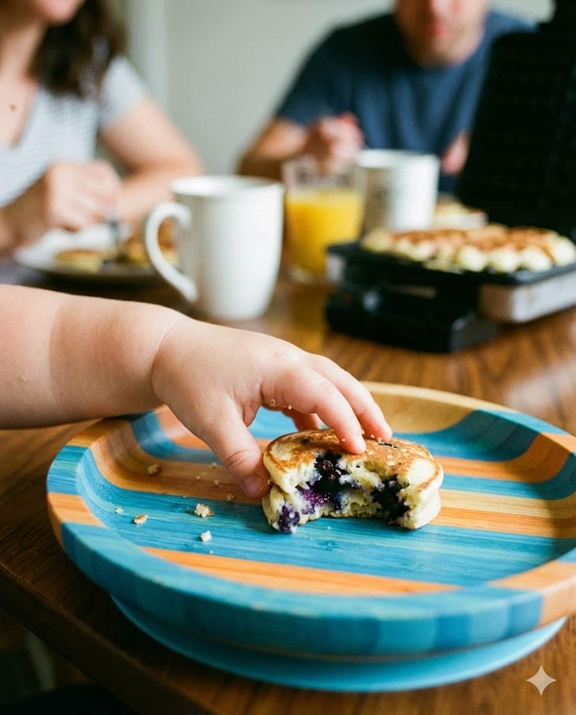Easy Blueberry Lemon Pancake Bites: Crispy, Fluffy & Ready in 25 Mins 7 Toddler hand holding a soft blueberry lemon pancake bite suitable for baby-led weaning.