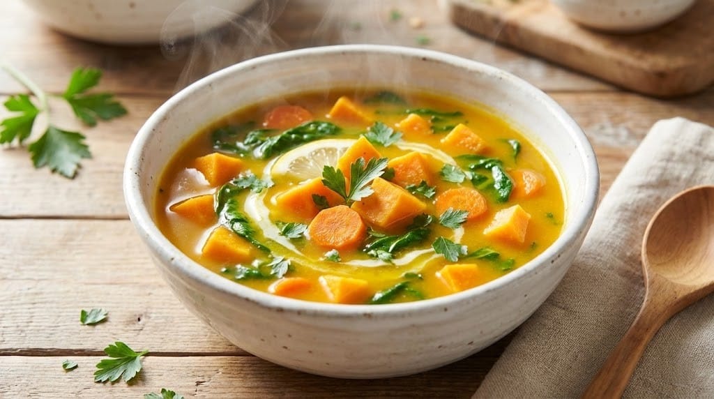 Anti-Inflammatory Detox Soup for Weight Loss: Easy & Healthy 5 Bowl of anti-inflammatory detox soup for weight loss with turmeric and vegetables on a wooden table