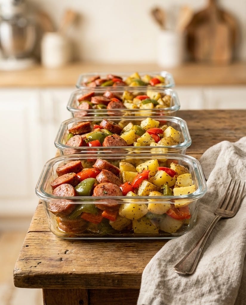 Budget-Friendly 5-Ingredient Meal Prep: Roasted Sausage & Veggies 7 Glass containers filled with roasted sausage and veggies for budget-friendly 5-ingredient meal prep.