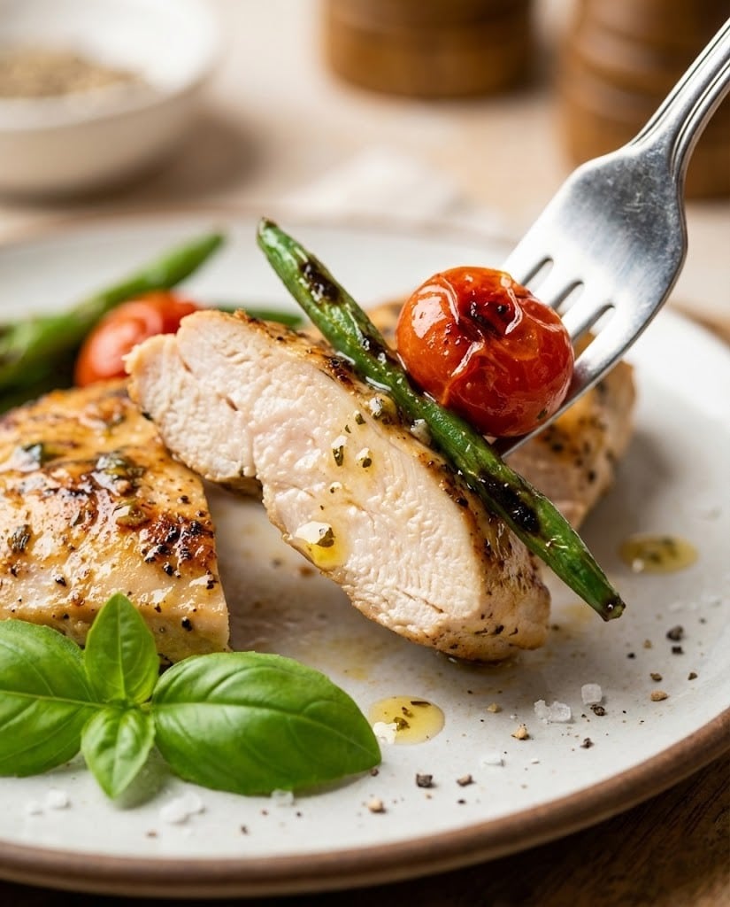 Low Sodium High Protein Dinner Ideas: Lemon Herb Chicken Skillet 7 A bite of lemon herb chicken, a top choice for low sodium high protein dinner ideas.
