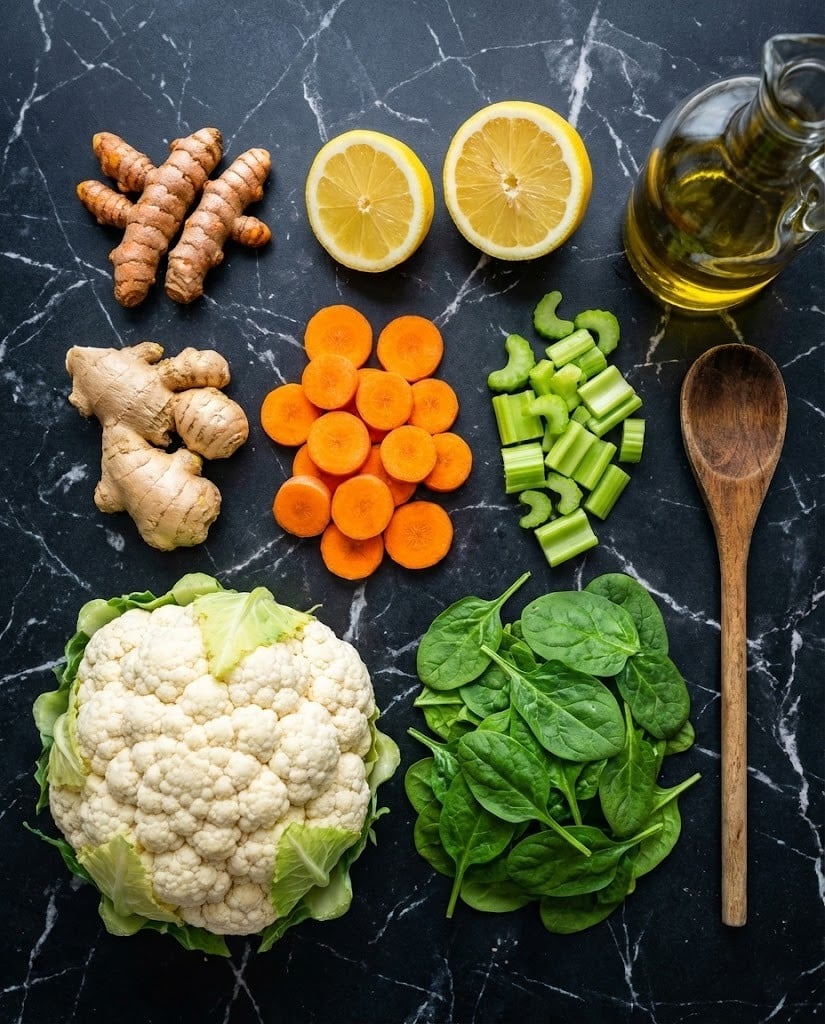 Anti-Inflammatory Detox Soup for Weight Loss: Easy & Healthy 6 Fresh ingredients for detox soup including turmeric ginger carrots and spinach arranged on a counter