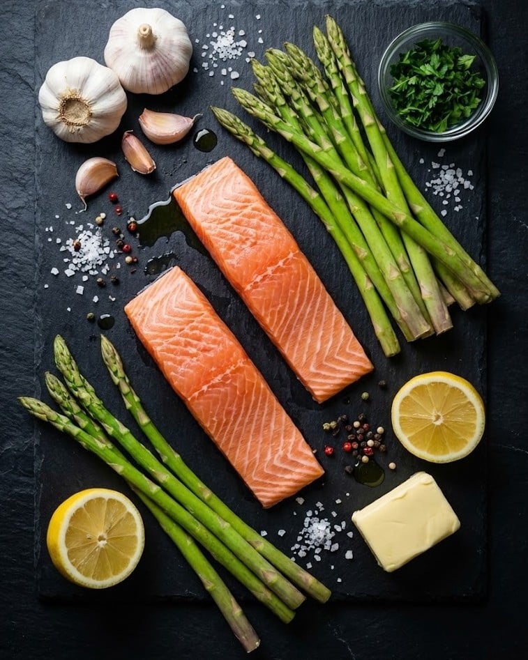 Healthy Romantic Dinner for Two Under 30 Minutes: Lemon Salmon 6 Fresh ingredients for healthy romantic dinner including salmon and asparagus.