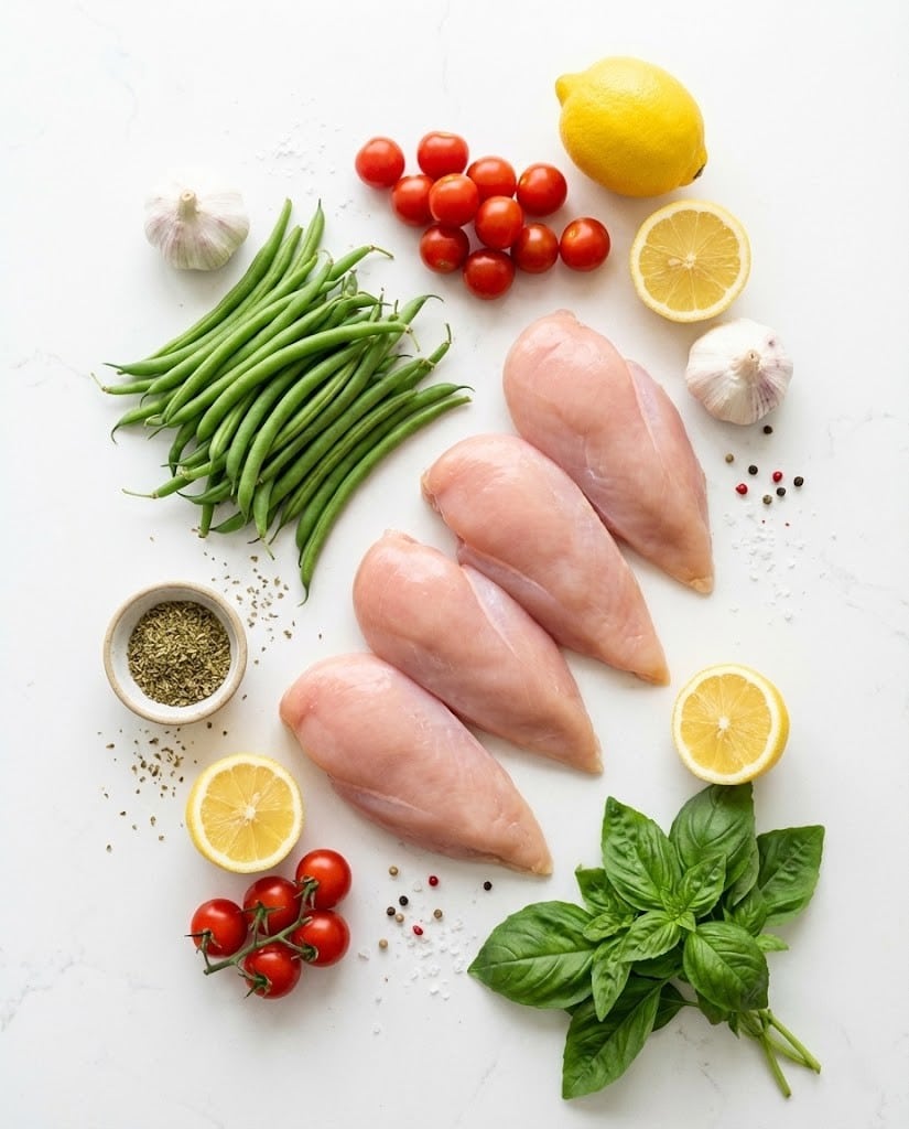 Low Sodium High Protein Dinner Ideas: Lemon Herb Chicken Skillet 6 Fresh ingredients for low sodium high protein dinner including chicken and green beans