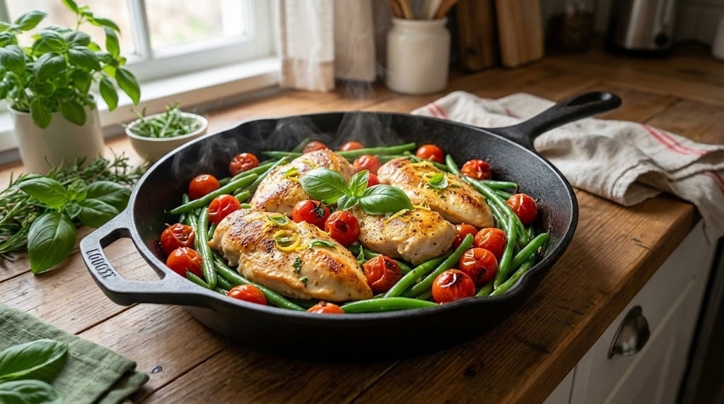 Low Sodium High Protein Dinner Ideas: Lemon Herb Chicken Skillet 5 Low sodium high protein dinner ideas featuring lemon herb chicken and green beans.