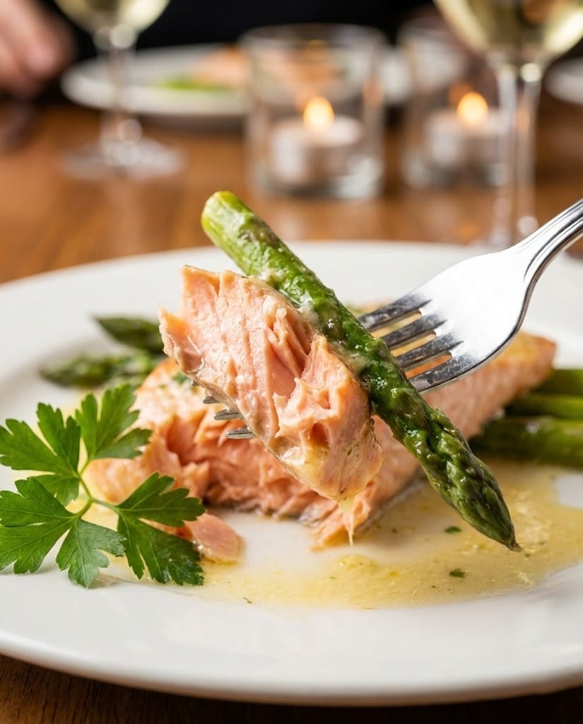 Healthy Romantic Dinner for Two Under 30 Minutes: Lemon Salmon 7 A bite of lemon garlic salmon, perfect for a healthy romantic dinner.