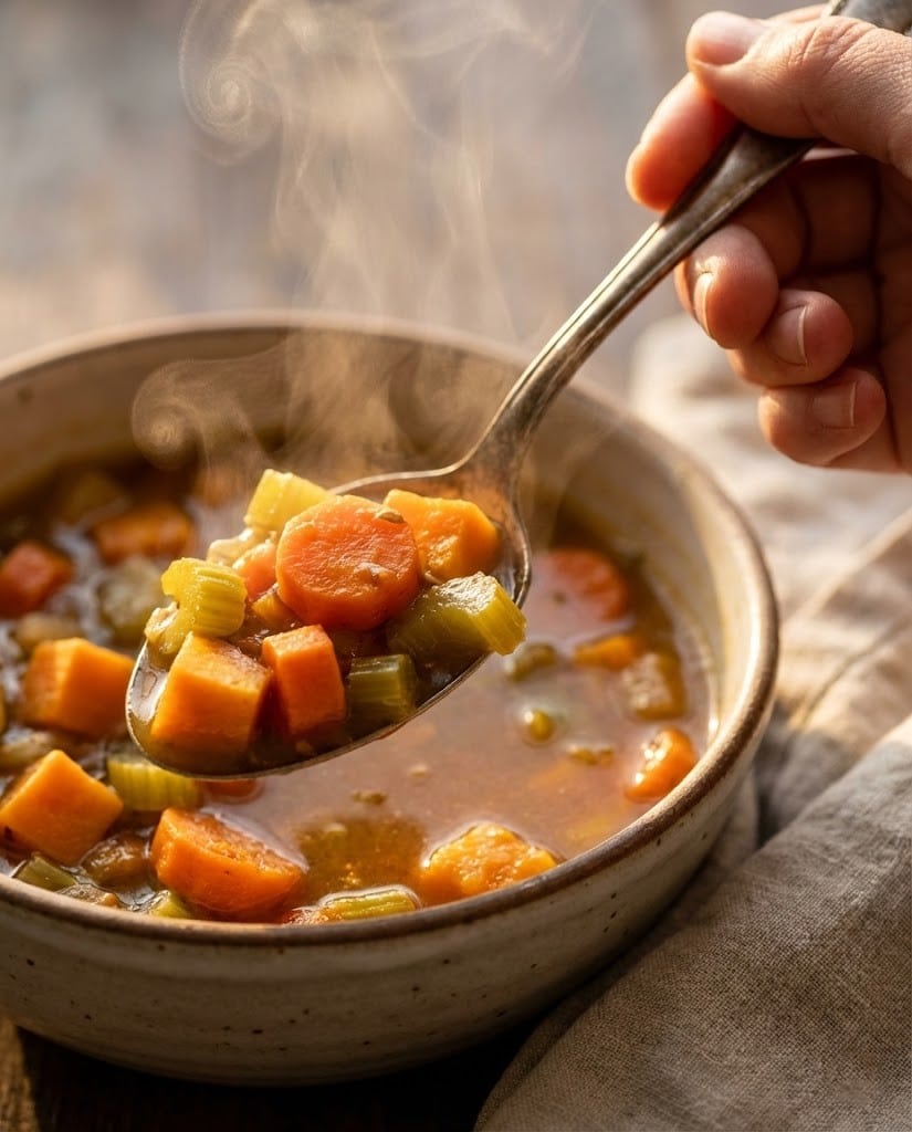 Anti-Inflammatory Detox Soup for Weight Loss: Easy & Healthy 7 Spoonful of hot anti-inflammatory detox soup showing vegetables and golden turmeric broth