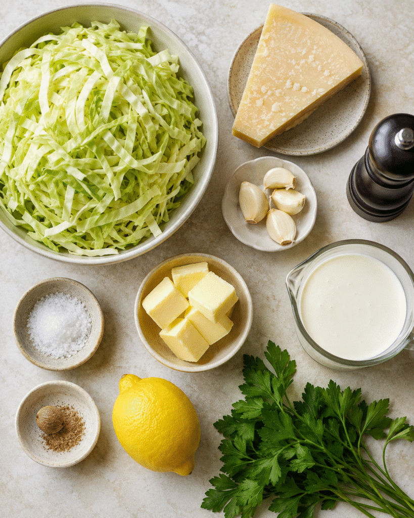 Cabbage Alfredo: Creamy Comfort Dinner in 30 Minutes 6 Cabbage Alfredo ingredients with cabbage, cream, Parmesan, garlic, and parsley
