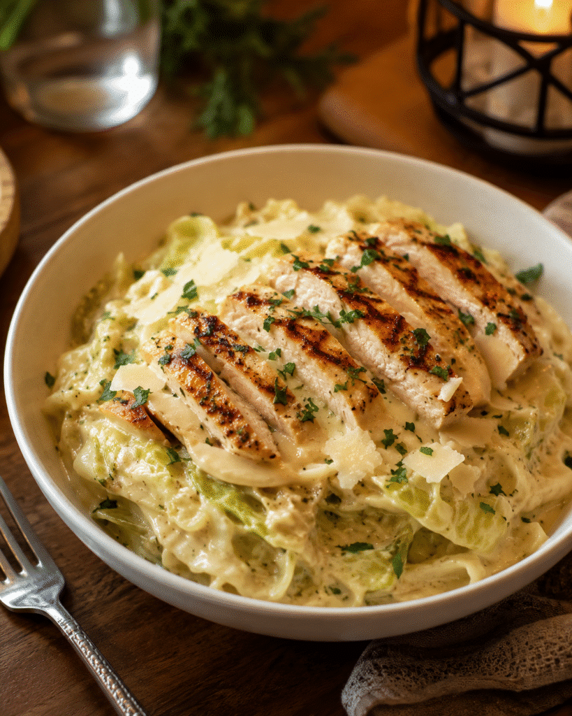 Cabbage Alfredo: Creamy Comfort Dinner in 30 Minutes 7 Cabbage Alfredo serving bowl with grilled chicken and Parmesan