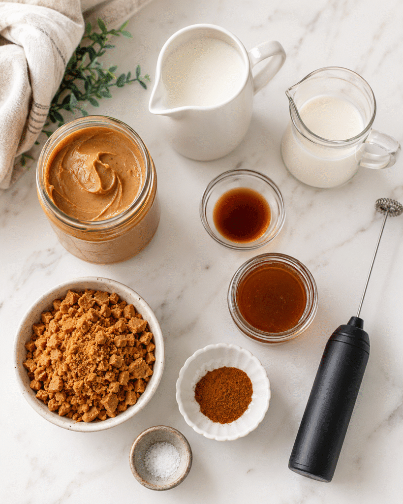 Cookie Butter Cold Foam: Creamy Cookie-Shop Coffee Topping 6 Cookie Butter Cold Foam ingredients with cookie butter, cream, milk, and cinnamon