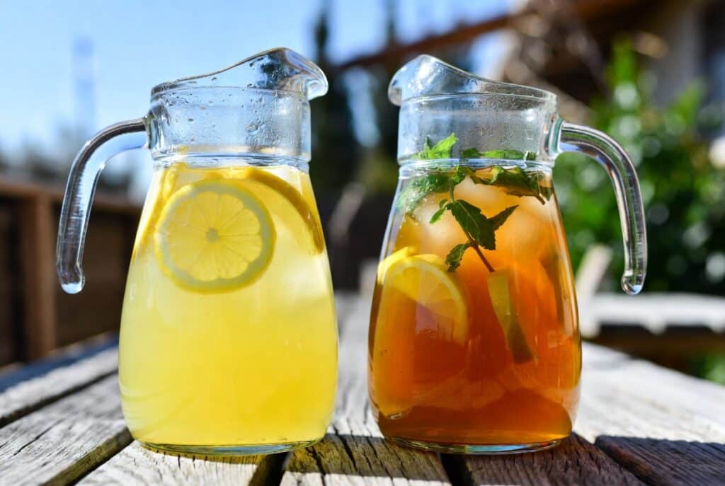 Easy Summer Lemonades and Iced Teas Everyone Craves 6 Easy summer lemonades and iced teas in glass pitchers on a sunny outdoor table