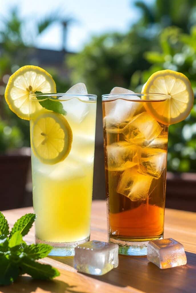 Easy Summer Lemonades and Iced Teas Everyone Craves 8 Tall glasses of easy summer lemonades and iced teas with lemon and mint on a sunny picnic table