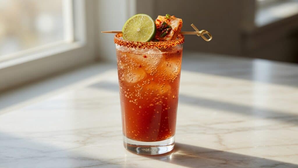 Kimchi Cocktail Recipe: Bold Spicy Korean Drink in 10 Minutes 8 Refreshing kimchi cocktail in a tall glass with lime and kimchi garnish