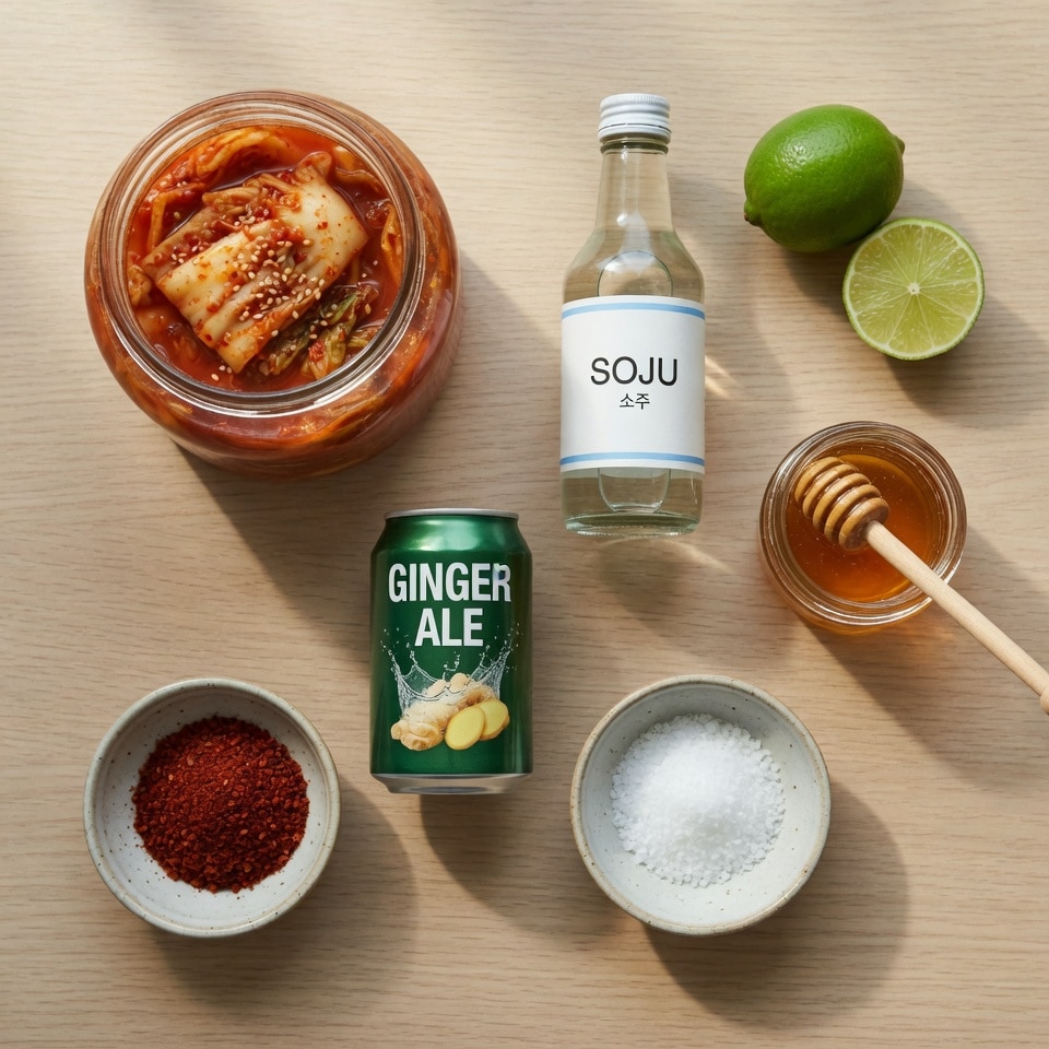 Kimchi Cocktail Recipe: Bold Spicy Korean Drink in 10 Minutes 9 Ingredients laid out for easy kimchi cocktail recipe including kimchi, soju, and lime