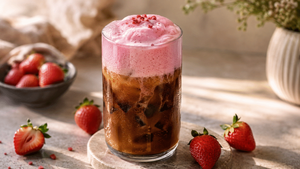 Strawberry Cold Foam: Creamy Café-Style Topping at Home 5 trawberry Cold Foam on iced coffee in a clear glass