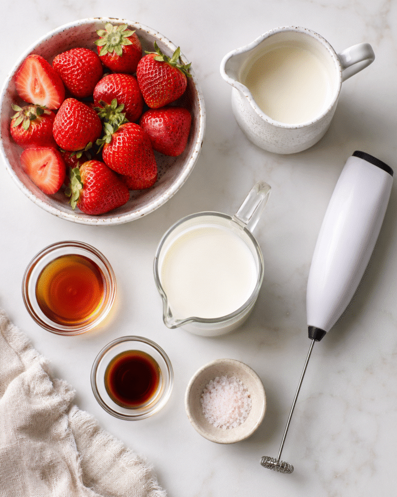 Strawberry Cold Foam: Creamy Café-Style Topping at Home 6 Ingredients for Strawberry Cold Foam with strawberries, cream, milk, and vanilla