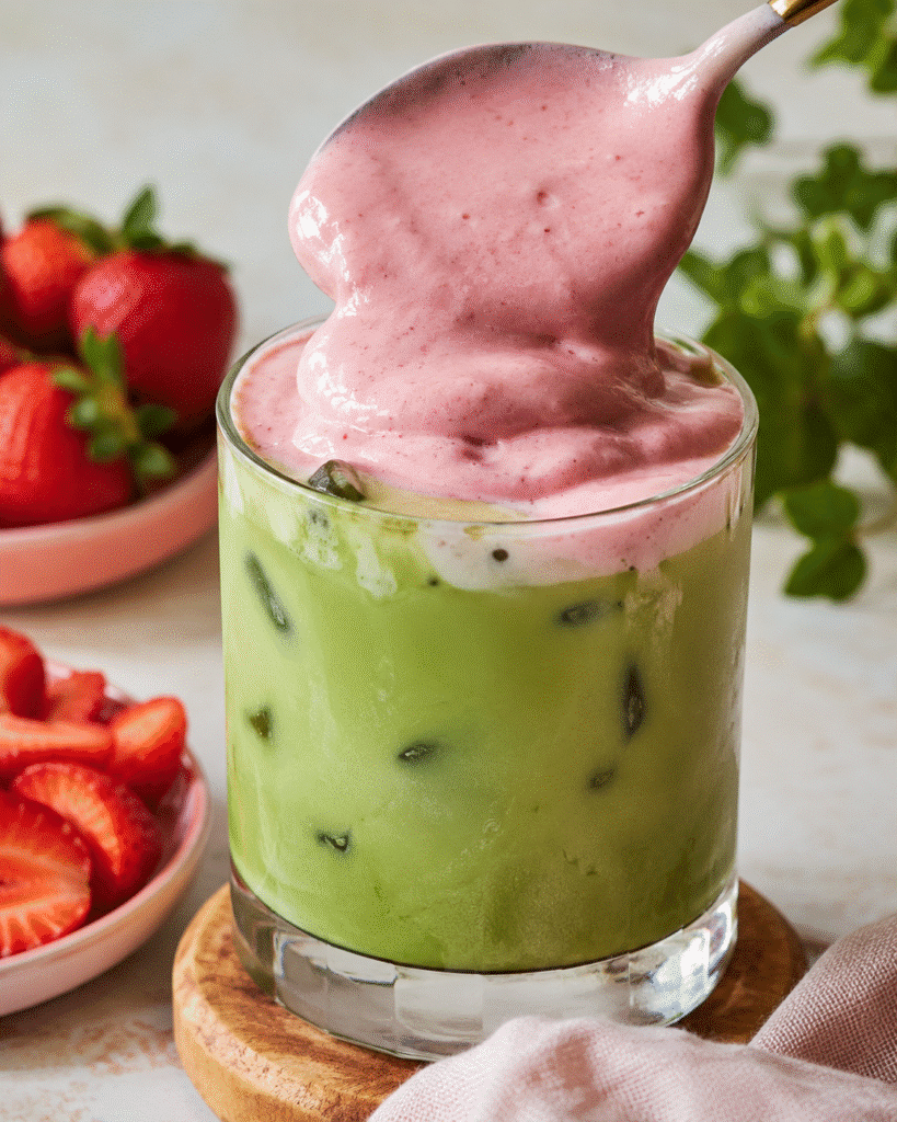 Strawberry Cold Foam: Creamy Café-Style Topping at Home 7 Strawberry Cold Foam served over an iced matcha latte