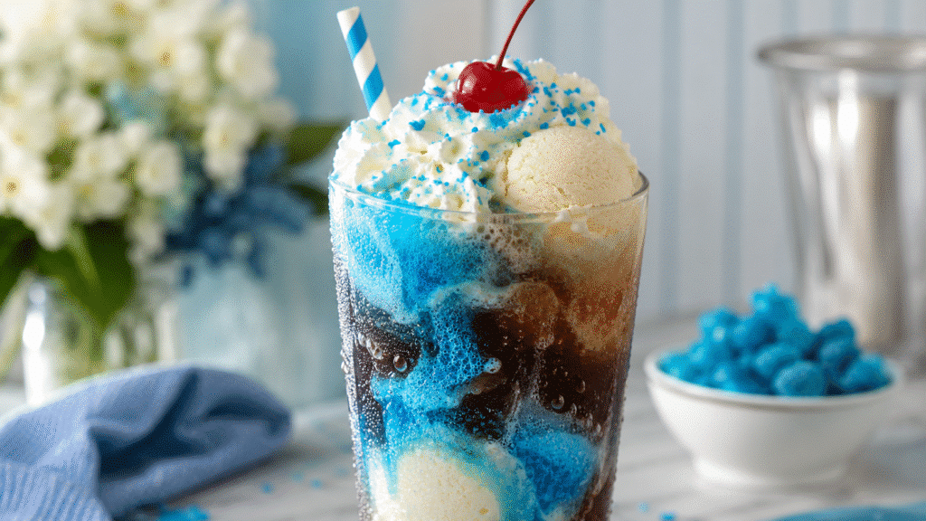 Blue Raspberry Vanilla Coke Float: Bright Soda-Shop Treat 5 Blue Raspberry Vanilla Coke Float with ice cream and whipped cream