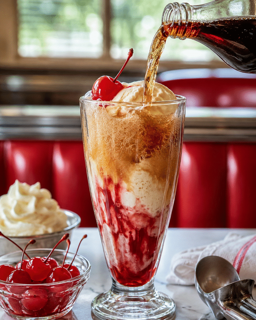 Cherry Dr Pepper Float: Creamy Retro Soda-Shop Treat 7 Cherry Dr Pepper poured over ice cream for a float
