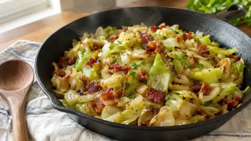 Easy Fried Cabbage Recipe with Bacon 1 Easy fried cabbage with bacon and onion in a cast-iron skillet