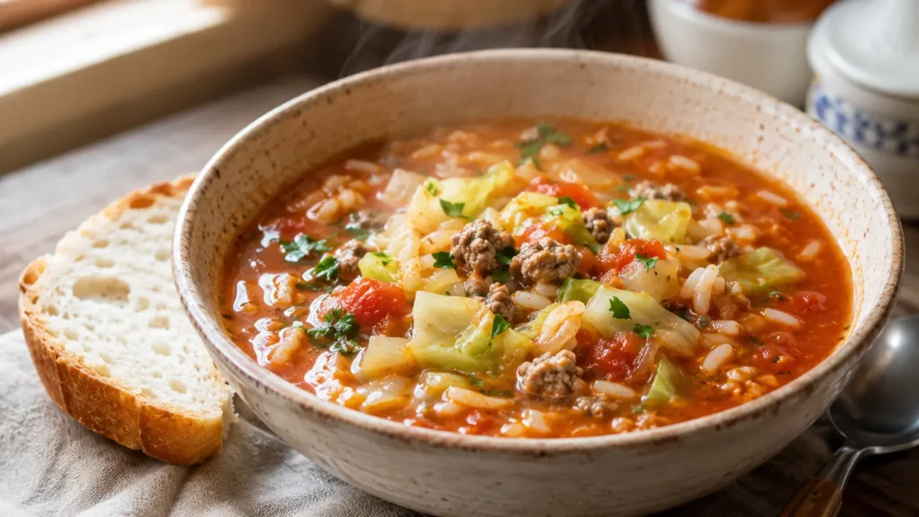 Easy Golumpki Soup Recipe with Ground Beef 1 Golumpki soup with ground beef cabbage rice and tomato broth