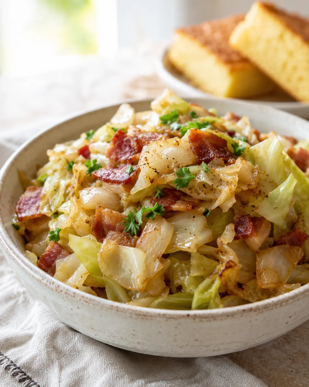 Easy Fried Cabbage Recipe with Bacon 3 Bowl of Southern fried cabbage with bacon served with cornbread