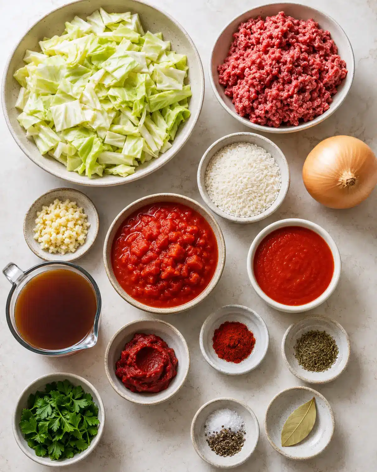 Easy Golumpki Soup Recipe with Ground Beef 2 Golumpki soup ingredients arranged on a light kitchen counter