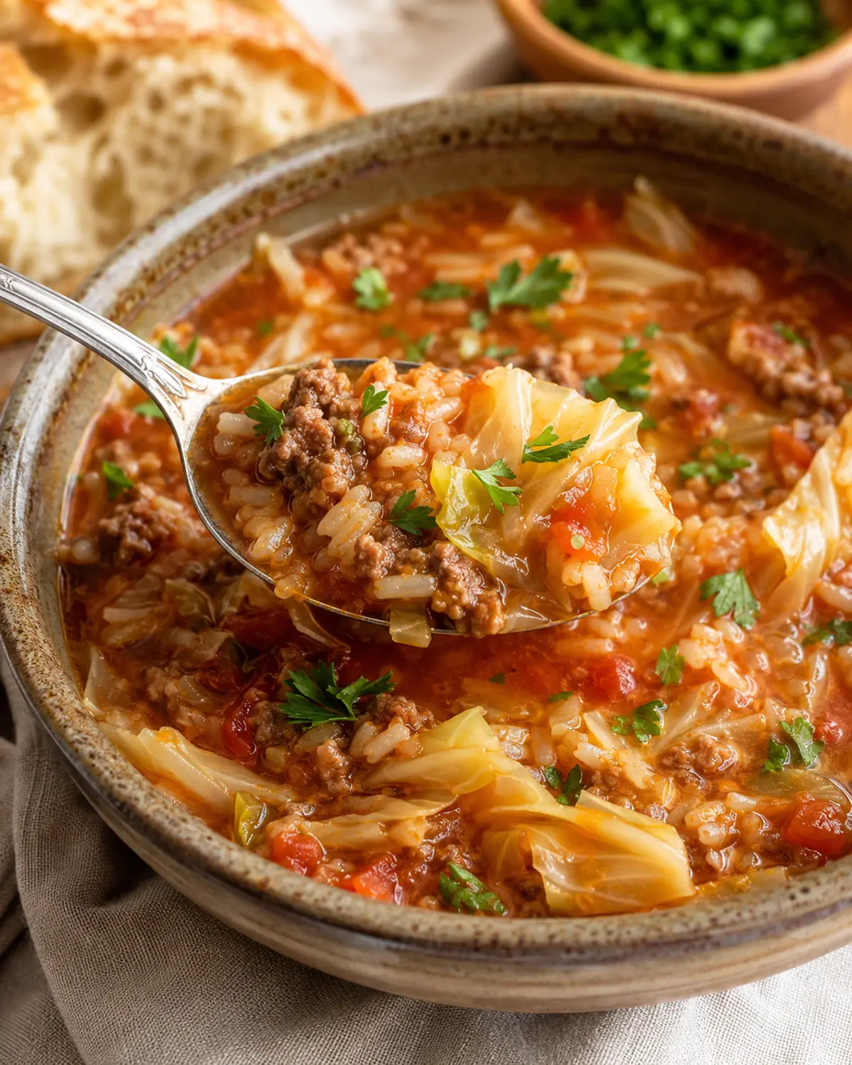 Easy Golumpki Soup Recipe with Ground Beef 3 Spoon lifting golumpki soup with beef rice and tender cabbage