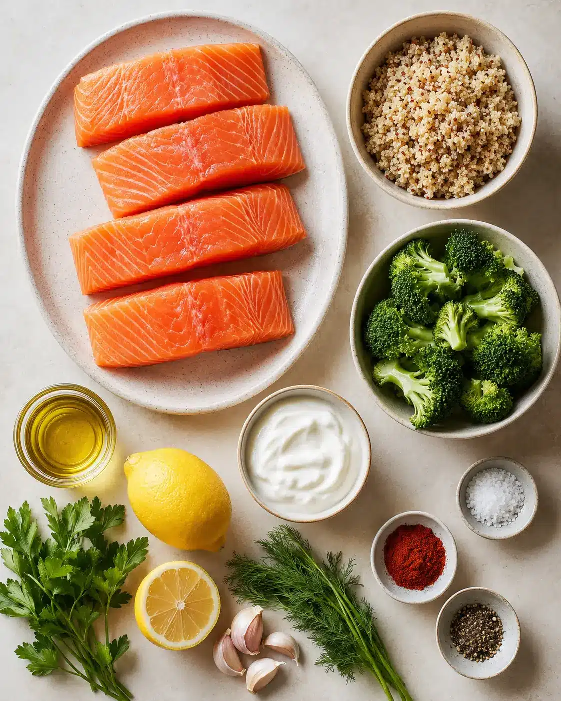 High Protein Salmon with Quinoa and Broccoli 2 Ingredients for high protein salmon including fillets, quinoa, broccoli, yogurt, lemon, garlic, and herbs