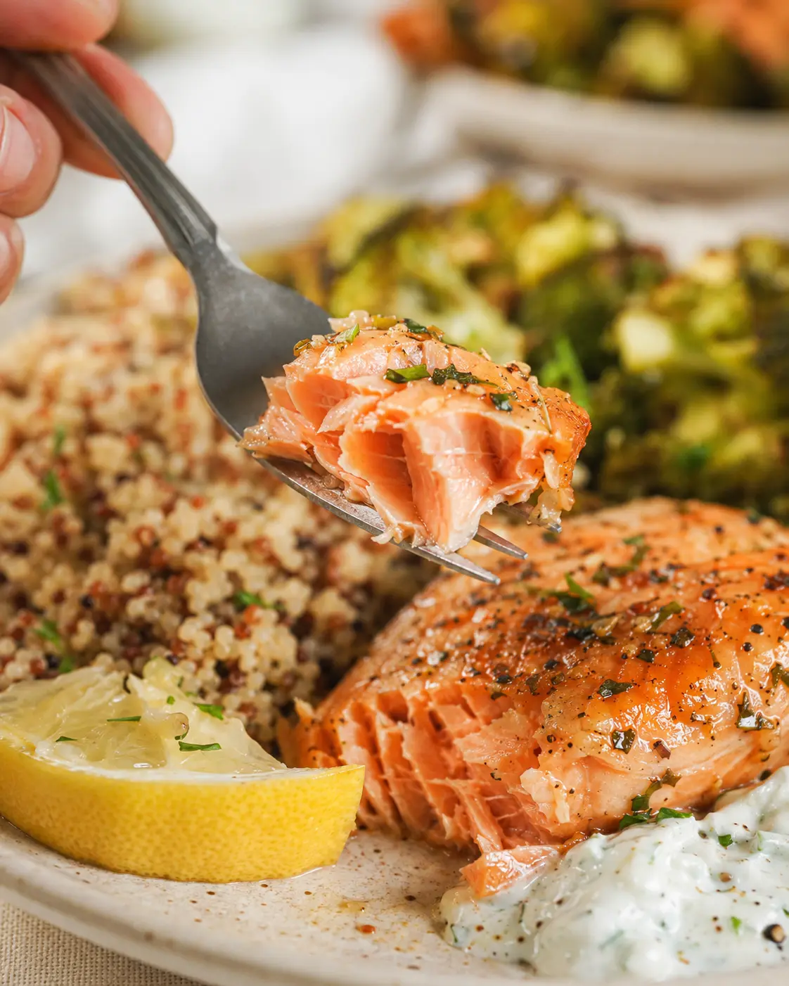 High Protein Salmon with Quinoa and Broccoli 3 Fork lifting a flaky bite of lemon garlic salmon beside quinoa and broccoli