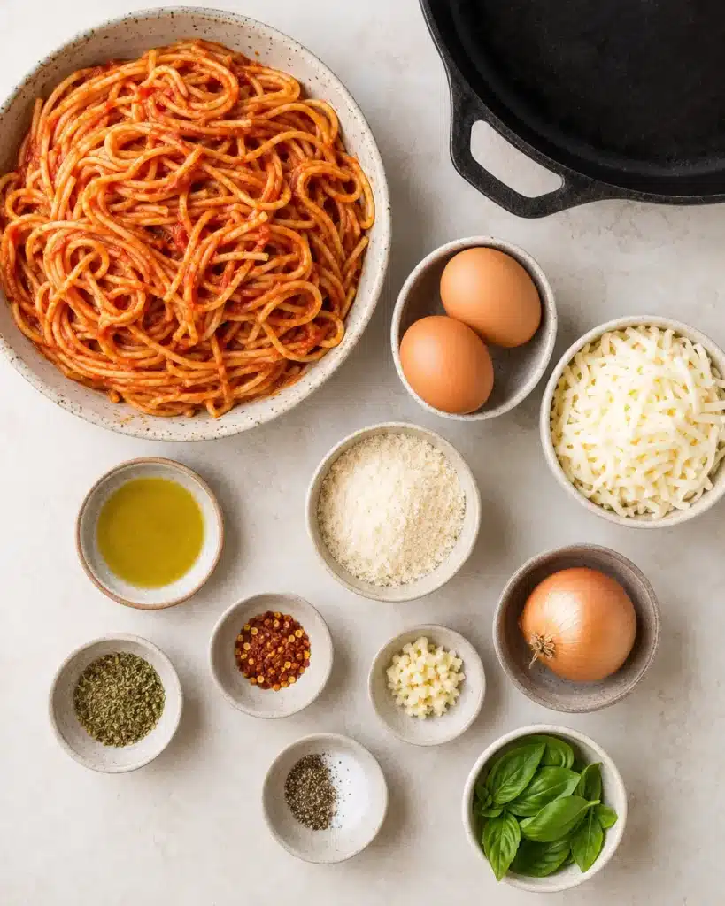 Leftover Spaghetti Recipes: Crispy Cheesy Skillet 2 Ingredients for leftover spaghetti skillet including cold pasta, eggs, mozzarella, Parmesan, onion, garlic, oil, and basil