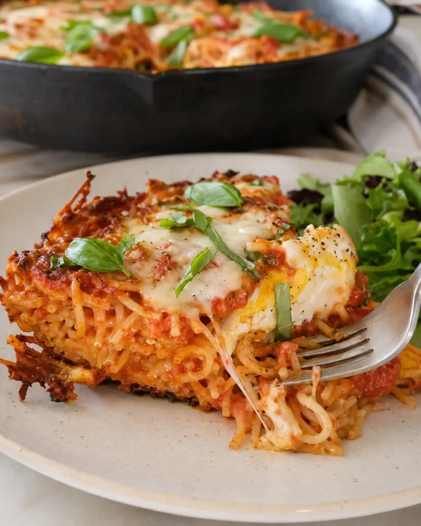 Leftover Spaghetti Recipes: Crispy Cheesy Skillet 3 Close-up of a crispy leftover spaghetti skillet wedge with melted cheese and fresh basil
