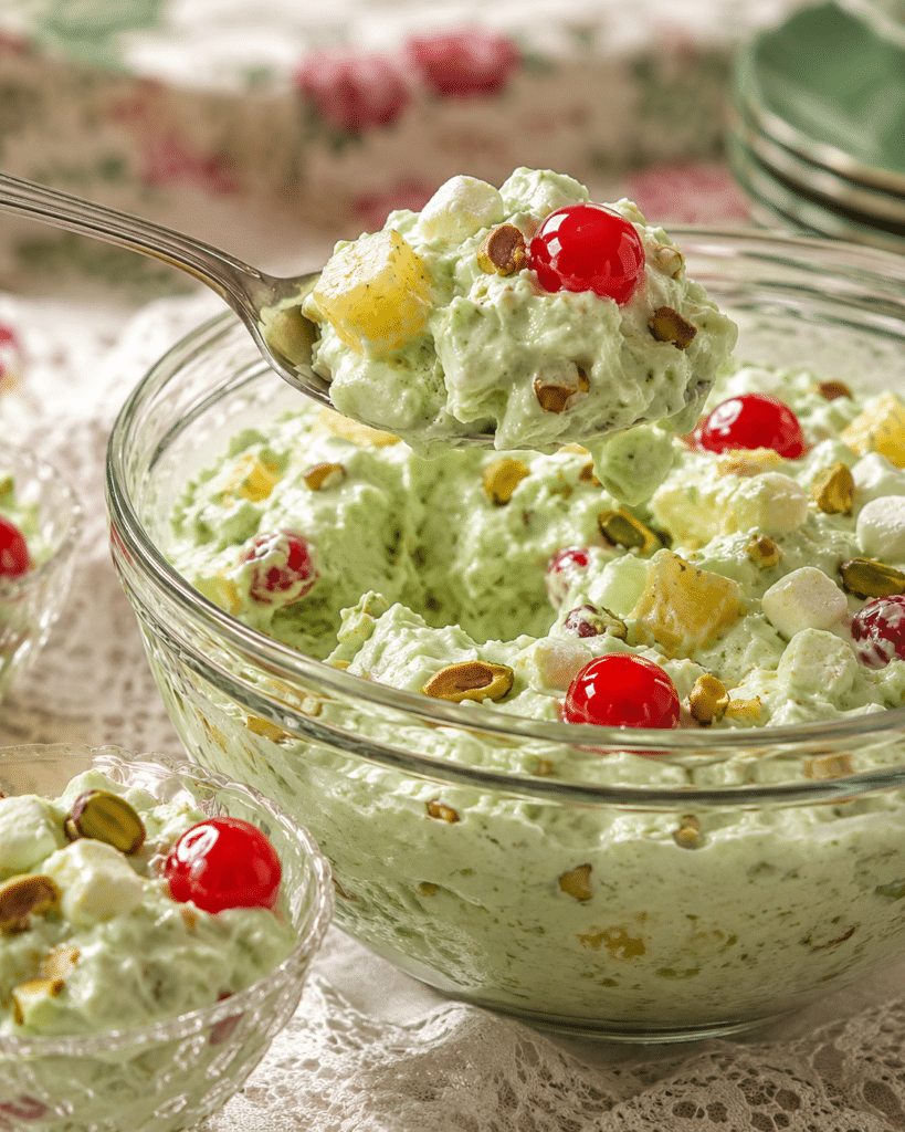 Pistachio Jello Salad: Creamy Retro Fluff Dessert 7 Spoonful of Pistachio Jello Salad served from a glass bowl
