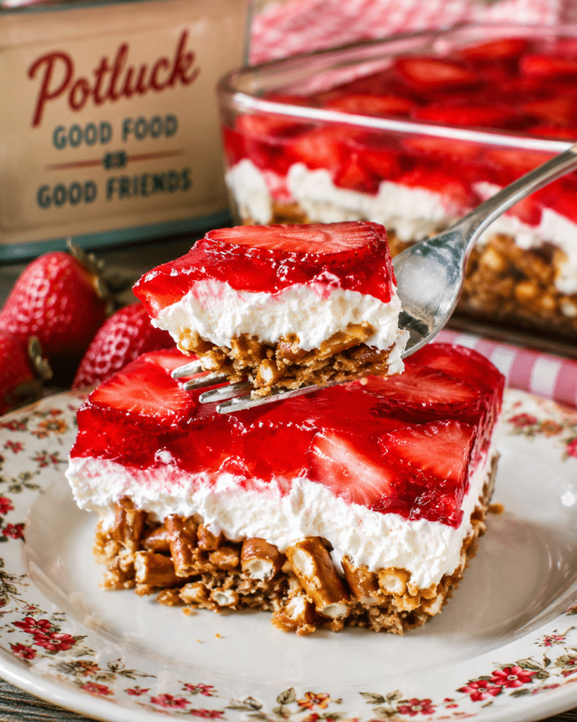 Pretzel Jello Salad: Sweet, Salty, Creamy Potluck Dessert 7 Fork lifting a bite of Pretzel Jello Salad