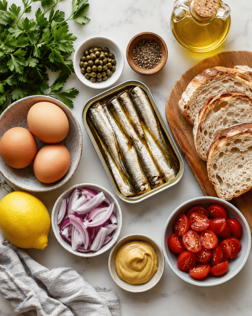 Sardines Breakfast: Savory Toast with Eggs and Lemon 6 Ingredients for Sardines Breakfast with eggs, toast, lemon, and herbs