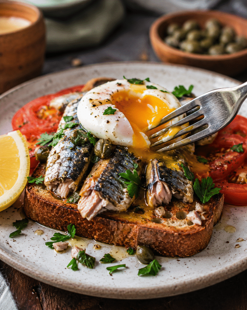 Sardines Breakfast: Savory Toast with Eggs and Lemon 7 Sardines Breakfast toast served with a jammy egg