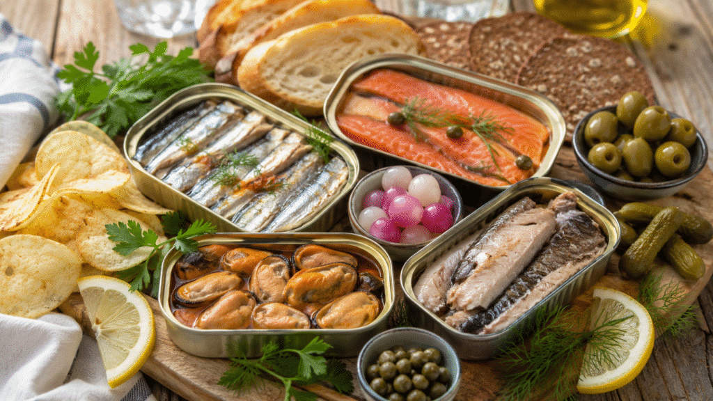 Tinned Fish Charcuterie Board: Easy Coastal Appetizer 5 Tinned Fish Charcuterie Board with sardines, crackers, pickles, and lemon