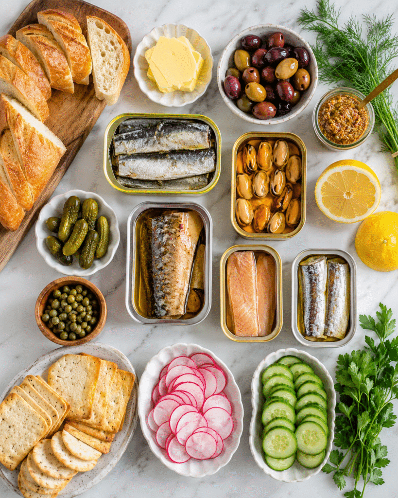 Tinned Fish Charcuterie Board: Easy Coastal Appetizer 6 Ingredients for a Tinned Fish Charcuterie Board