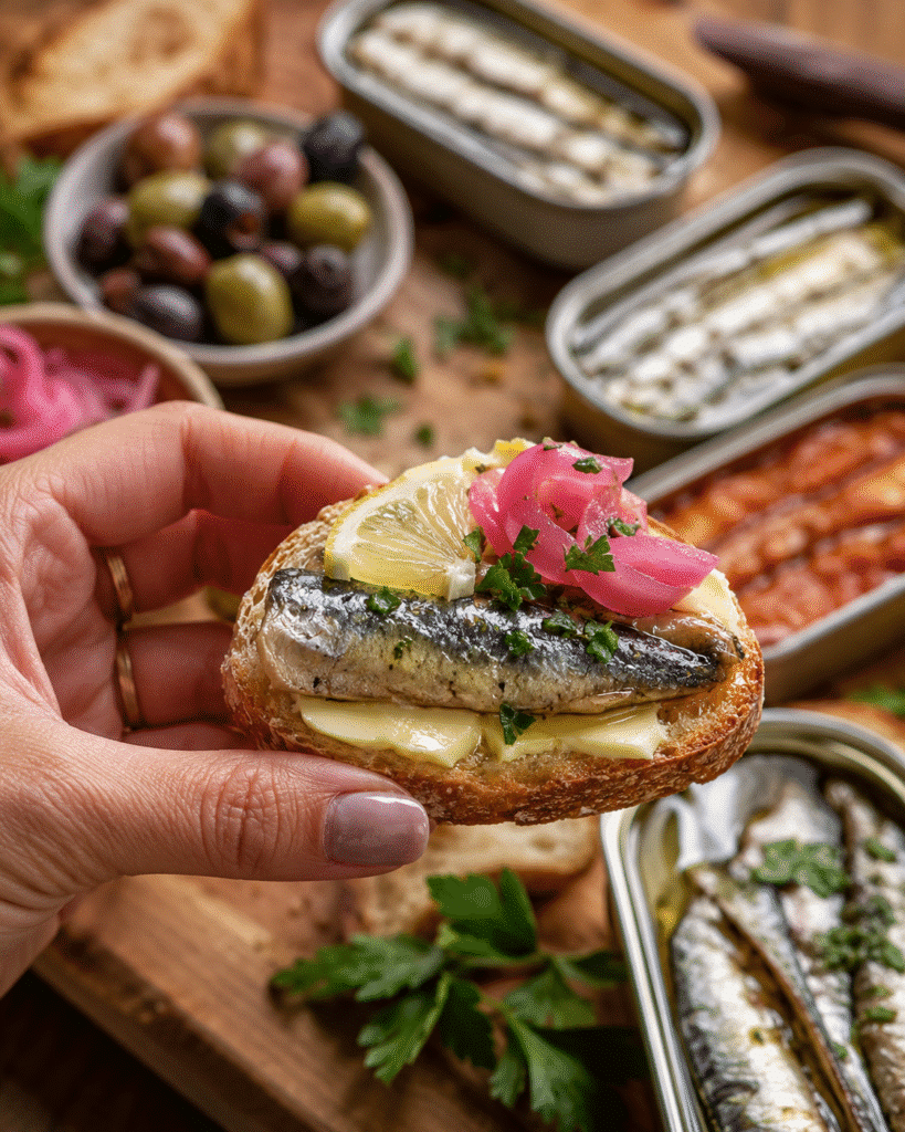 Tinned Fish Charcuterie Board: Easy Coastal Appetizer 7 Tinned fish bite on toast with lemon and pickled onion