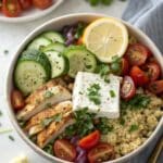 Mediterranean quinoa bowl with chicken and feta